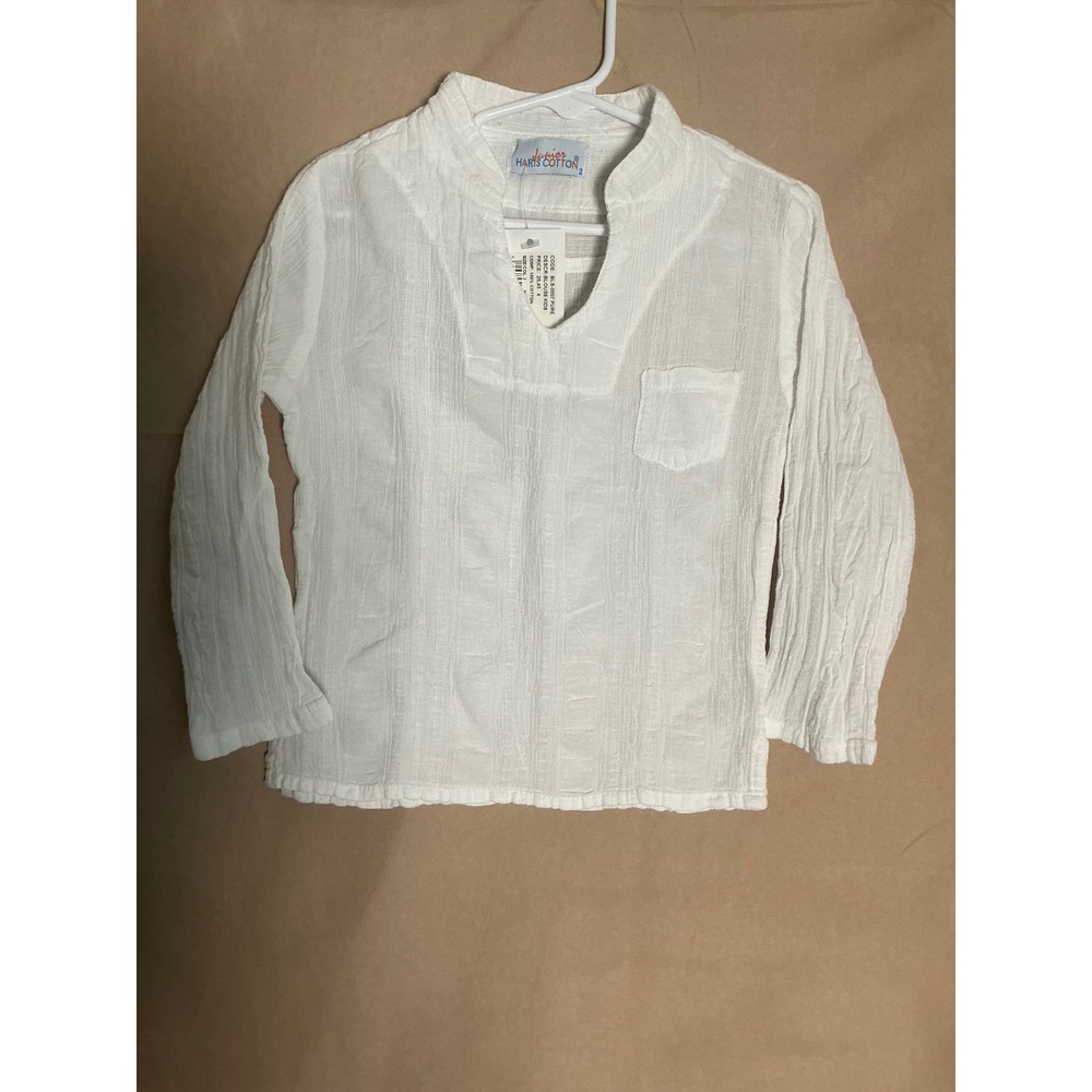 Haris Cotton Blouse Kids Size 2 White New Textured Split Neck Long Sleeve Top
